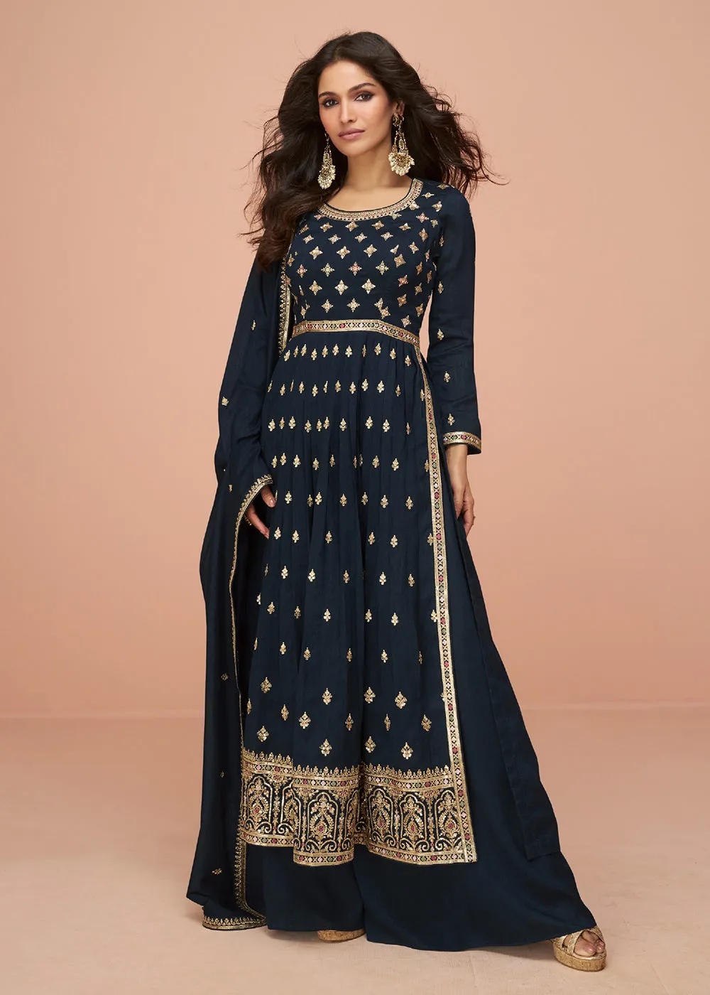 Midnight Blue Wedding Wear Silk Trendy Palazzo Suit