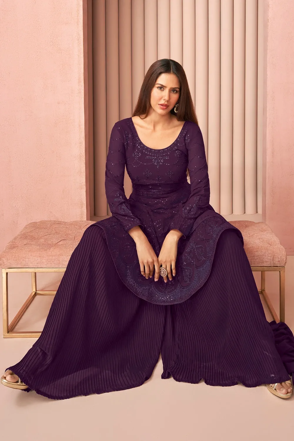 Party Wear Trendy Violet Palazzo Style Salwar Suit