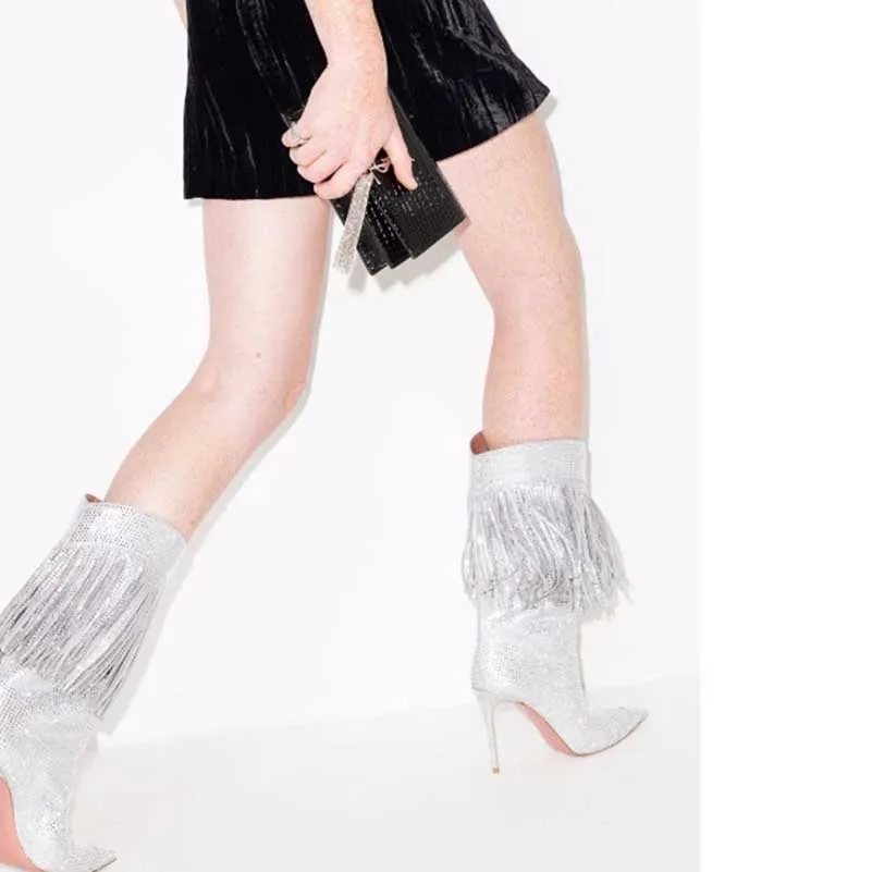 Rhinestone Fringe Crystal Mid-calf Boots