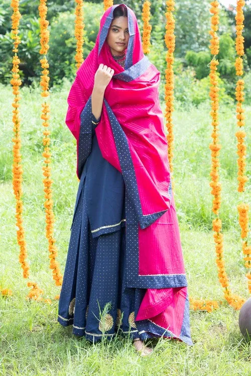 Shuddhi Blue and Pink Skirt,kurta and Duppatta set.