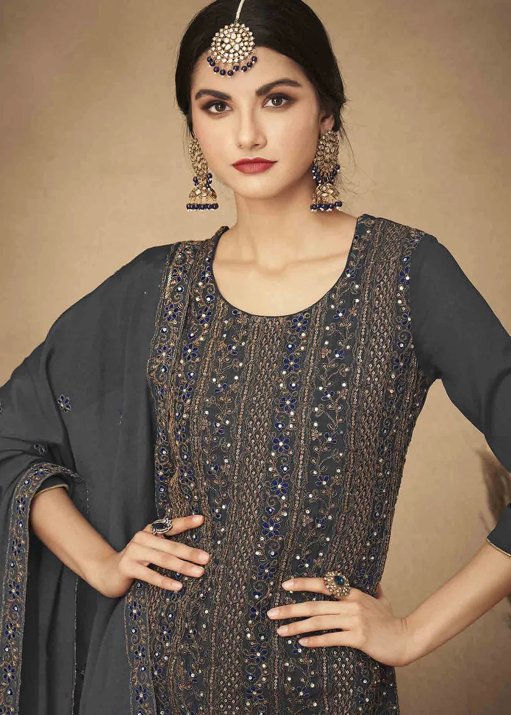 Slate Grey Cording & Swarovski Embroidered Trendy Salwar Suit