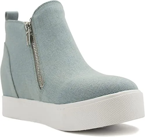 Soda Taylor Light-Blue Denim Nubuck Hight Top Slip On Rounded Toe Sneakers (8.5, Light-Blue Denim)