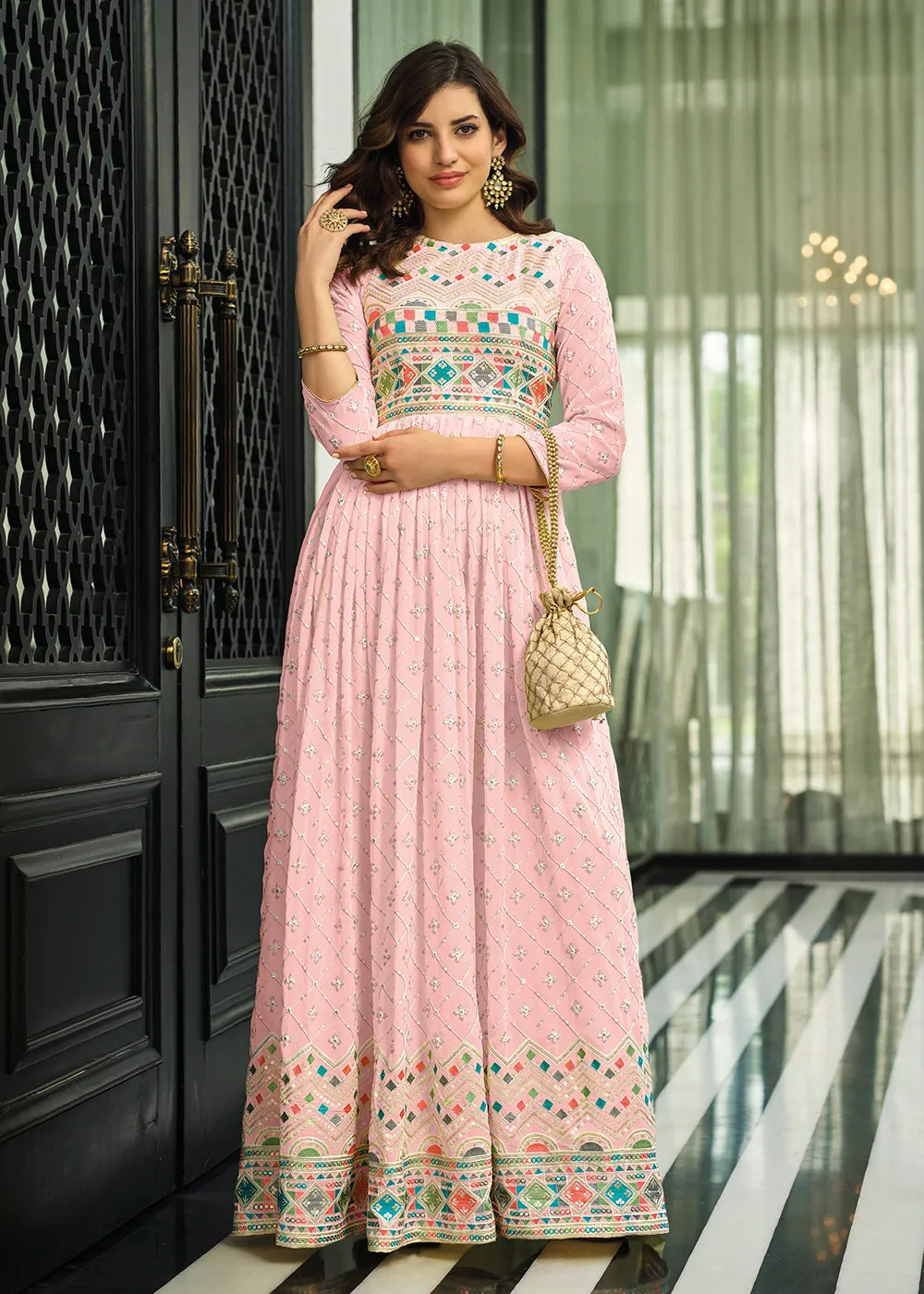 Soft Pink Trendy Georgette Embellished Anarkali Suit