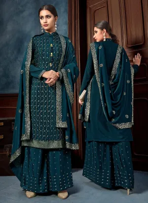 Teal Blue Chinon Trendy Palazzo Salwar Suit