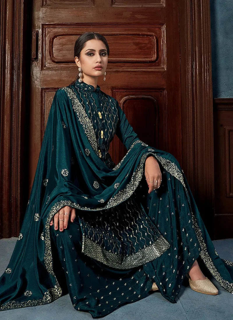 Teal Blue Chinon Trendy Palazzo Salwar Suit