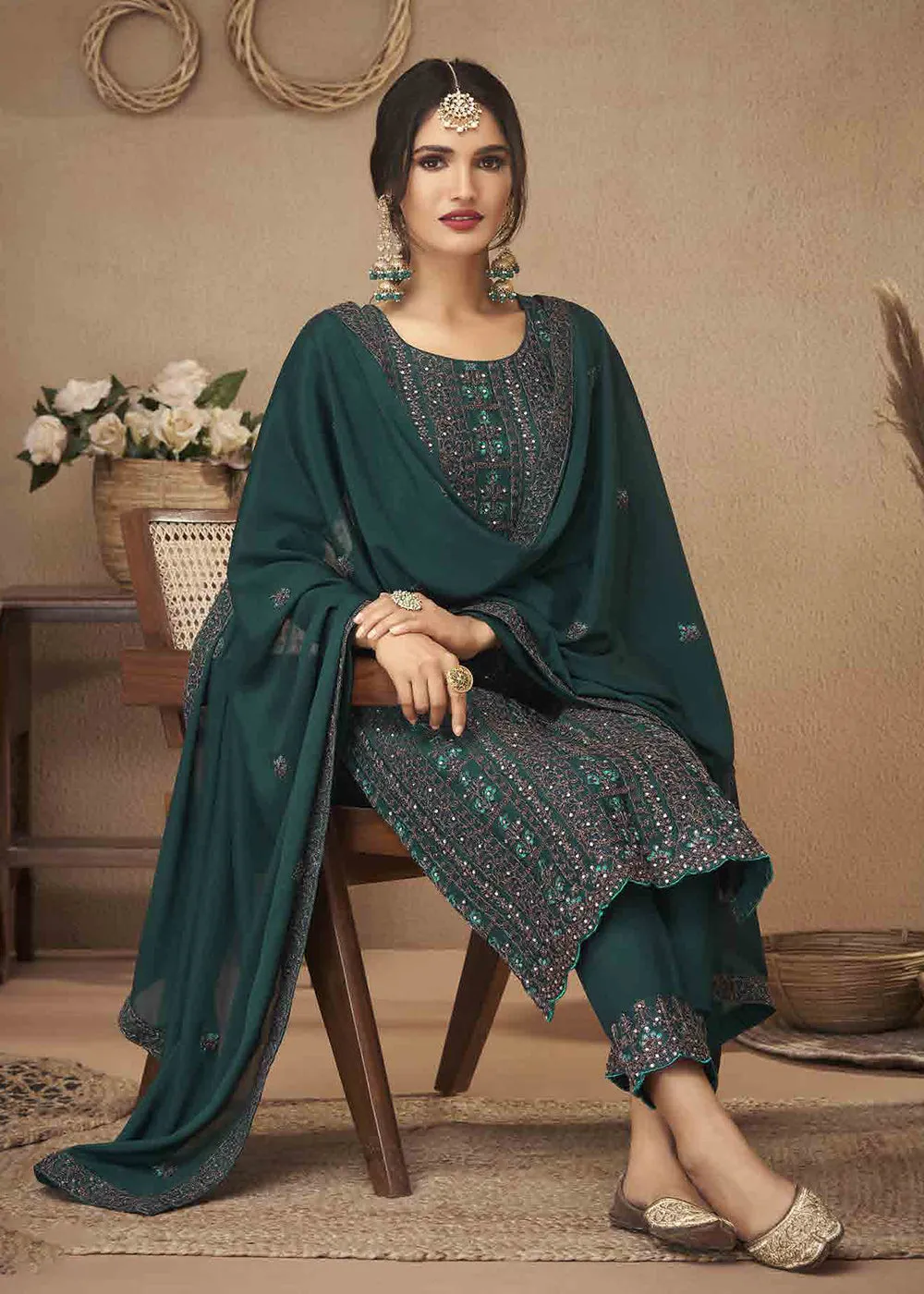 Teal Green Cording & Swarovski Embroidered Trendy Salwar Suit