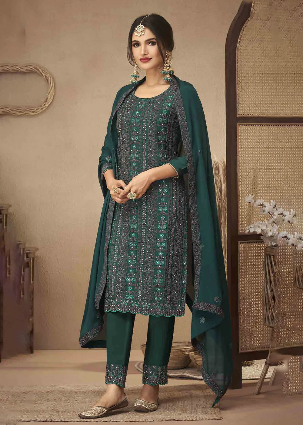 Teal Green Cording & Swarovski Embroidered Trendy Salwar Suit