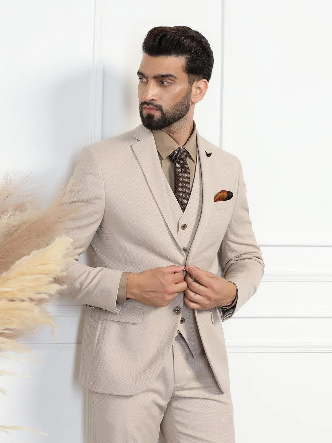 Three Piece Beige Textured Formal Suit - Zanite