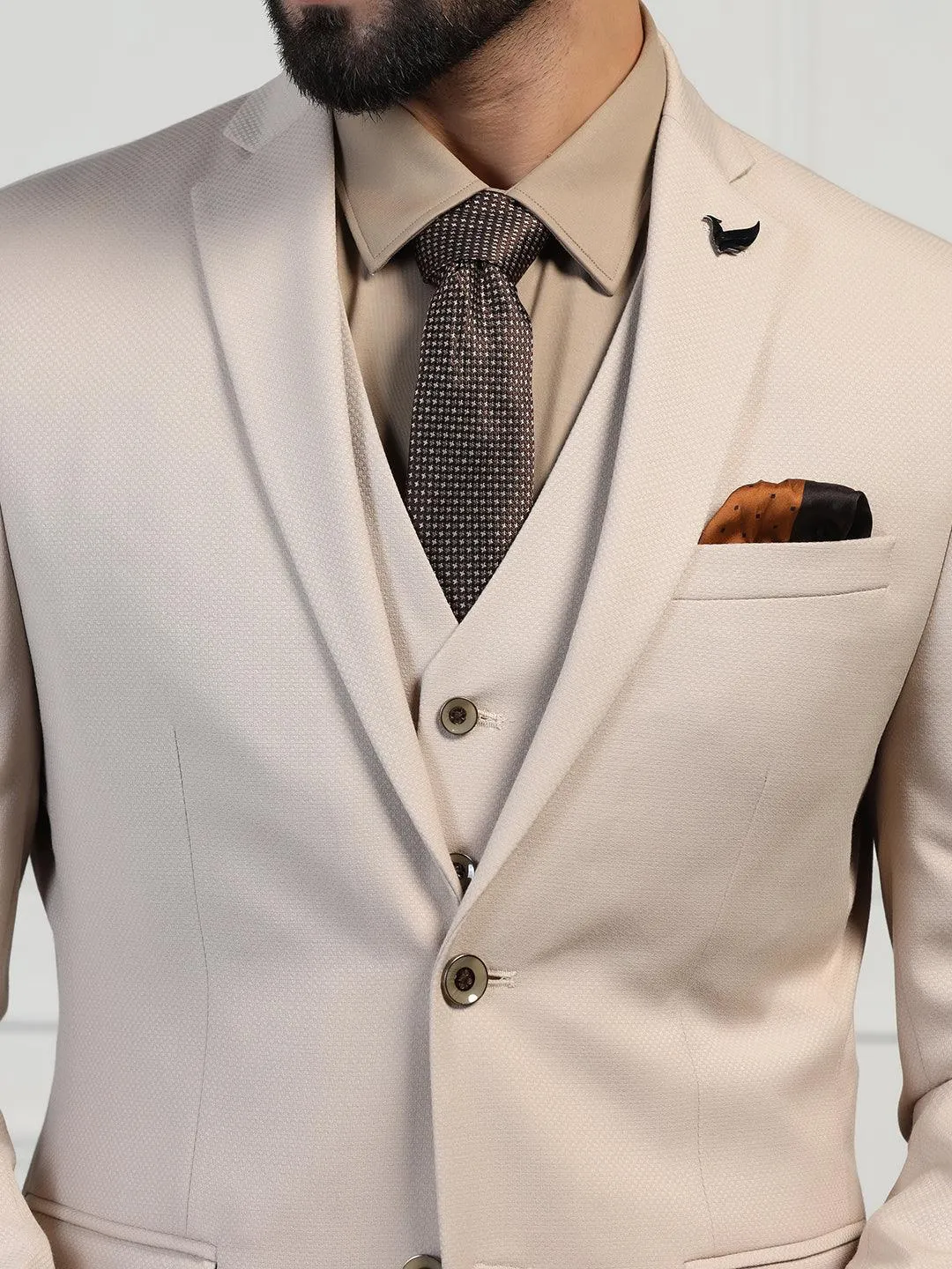 Three Piece Beige Textured Formal Suit - Zanite