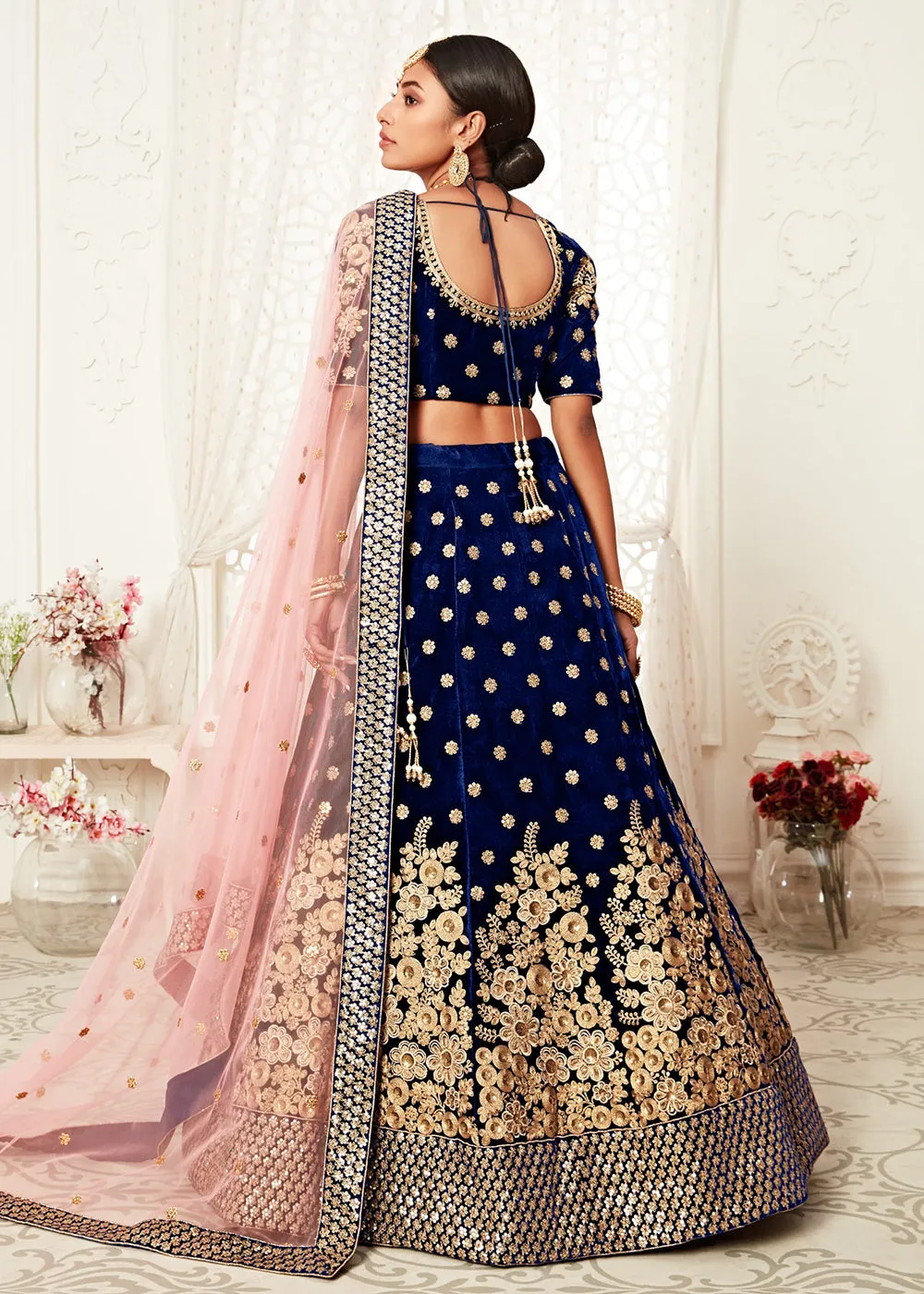 Trendy Blue Velvet Embroidered Wedding Lehenga Choli