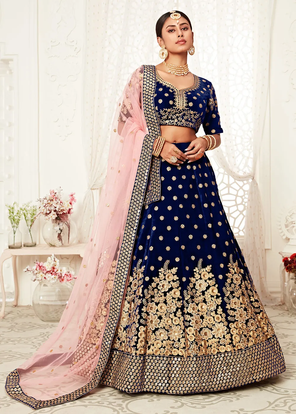 Trendy Blue Velvet Embroidered Wedding Lehenga Choli