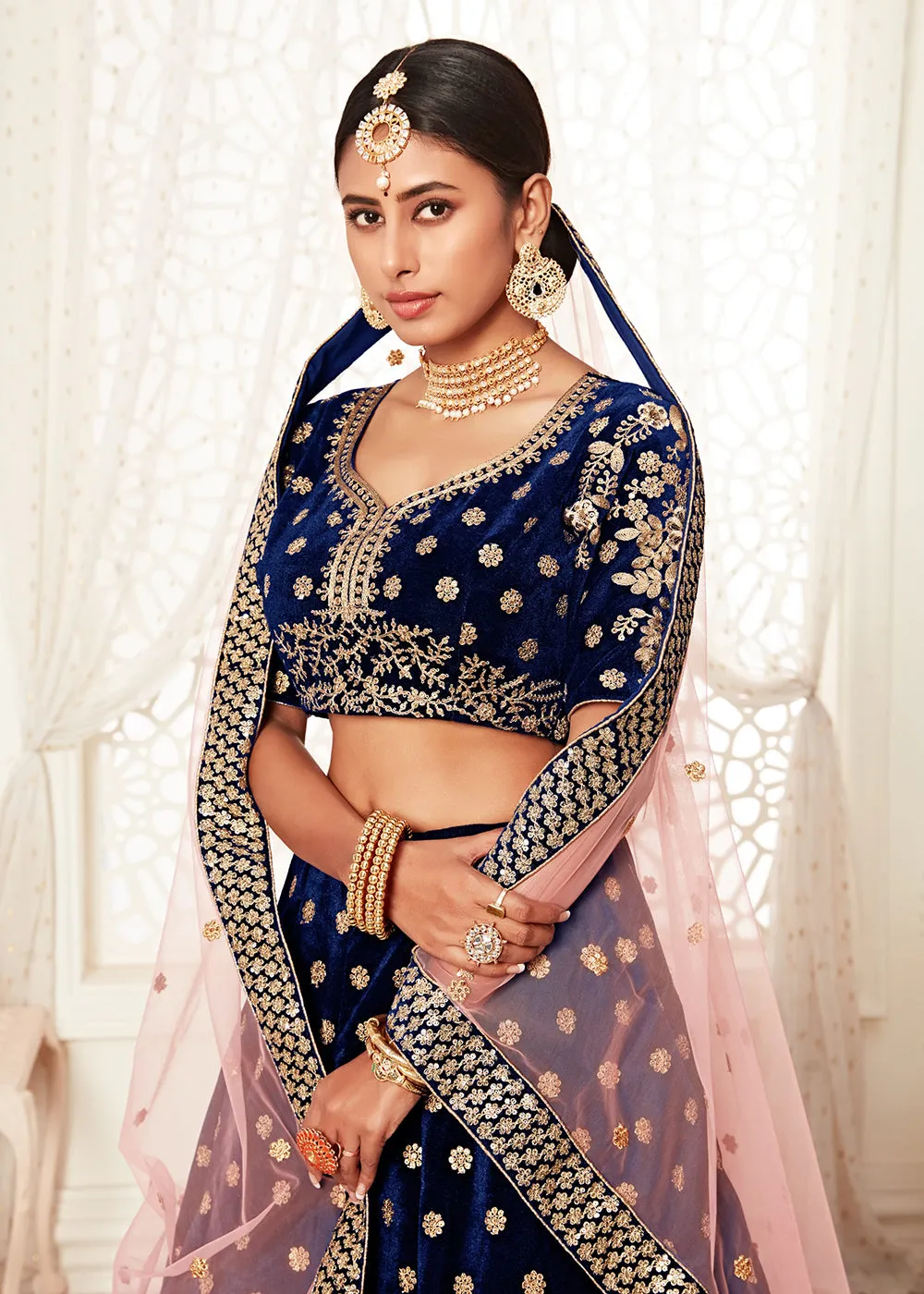 Trendy Blue Velvet Embroidered Wedding Lehenga Choli