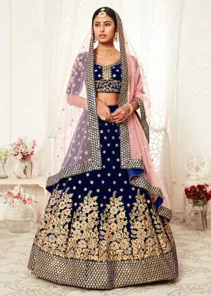 Trendy Blue Velvet Embroidered Wedding Lehenga Choli