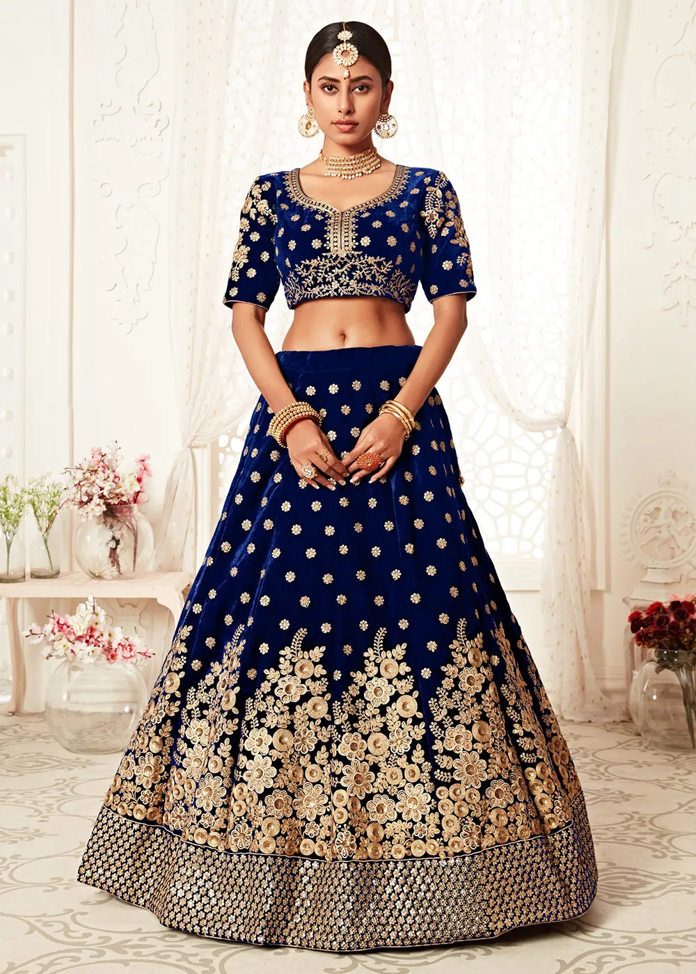 Trendy Blue Velvet Embroidered Wedding Lehenga Choli