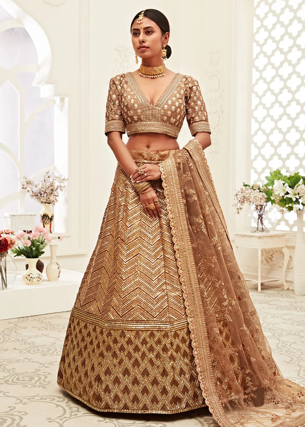 Trendy Brown Silk Embroidered Wedding Lehenga Choli