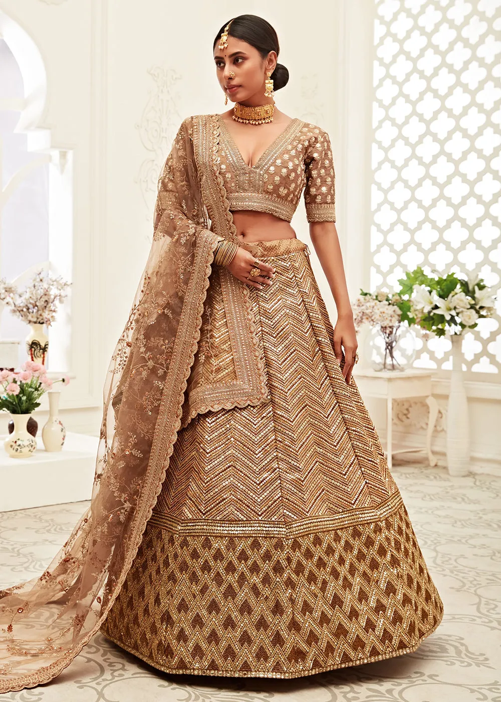 Trendy Brown Silk Embroidered Wedding Lehenga Choli