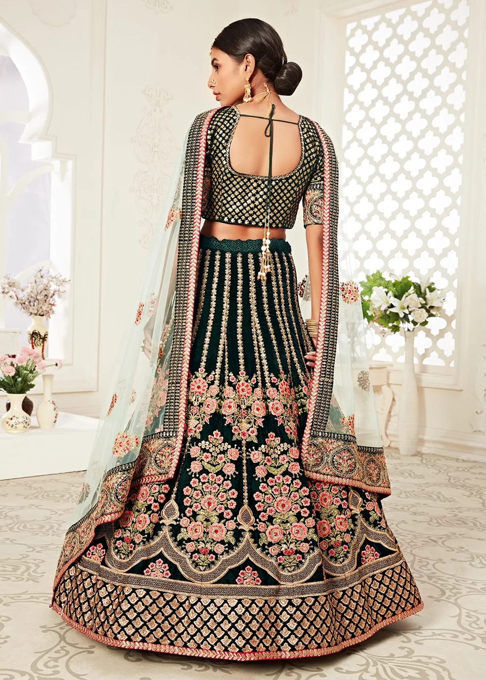 Trendy Green Velvet Embroidered Wedding Lehenga Choli