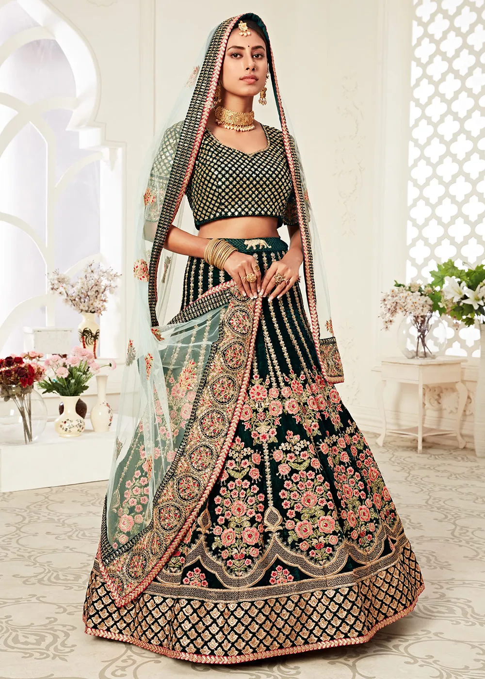 Trendy Green Velvet Embroidered Wedding Lehenga Choli