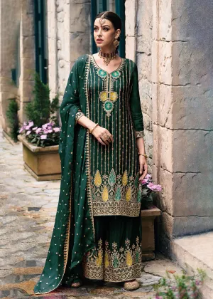 Trendy Heavy Chinnon Green Embroidered Palazzo Suit