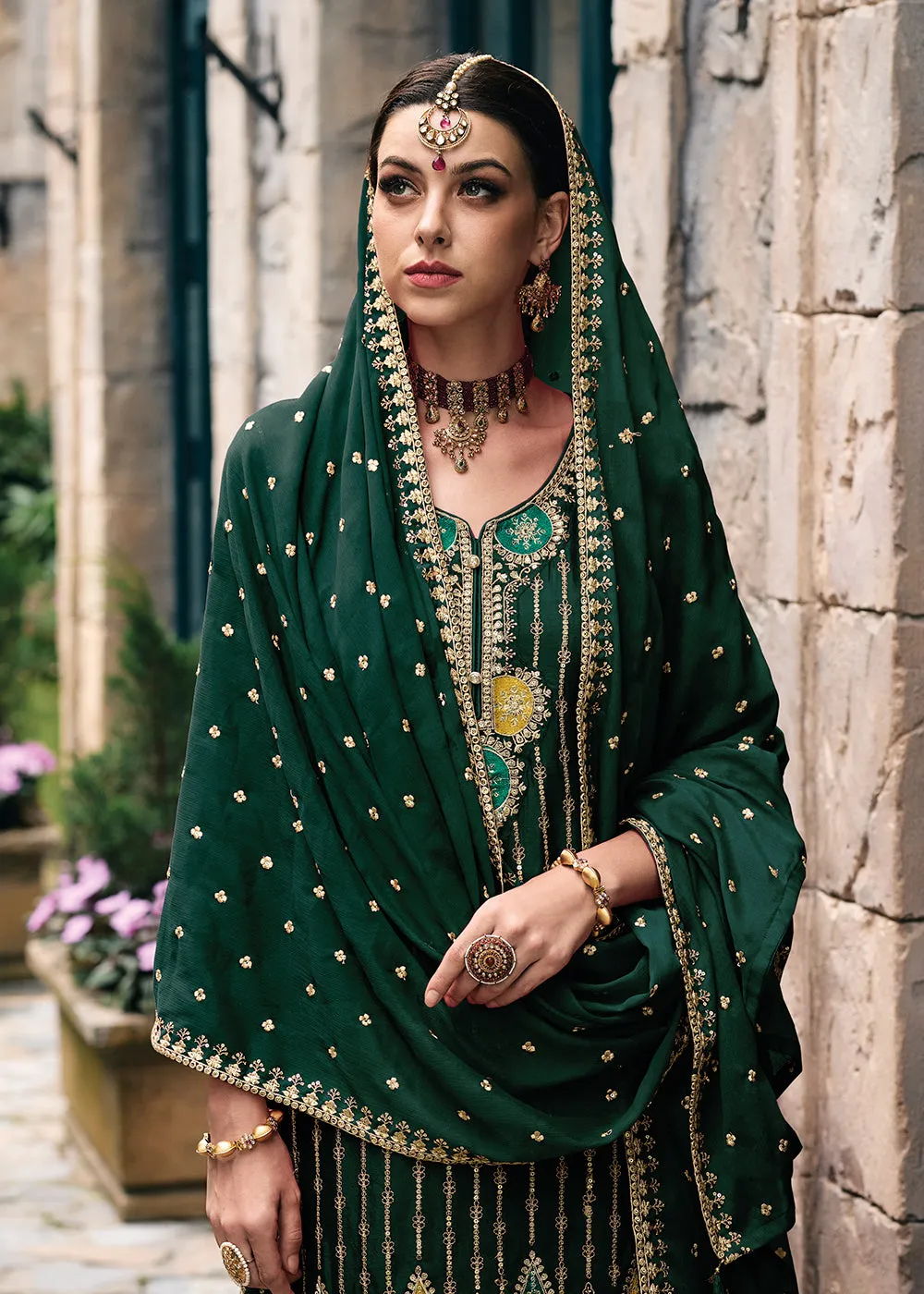 Trendy Heavy Chinnon Green Embroidered Palazzo Suit