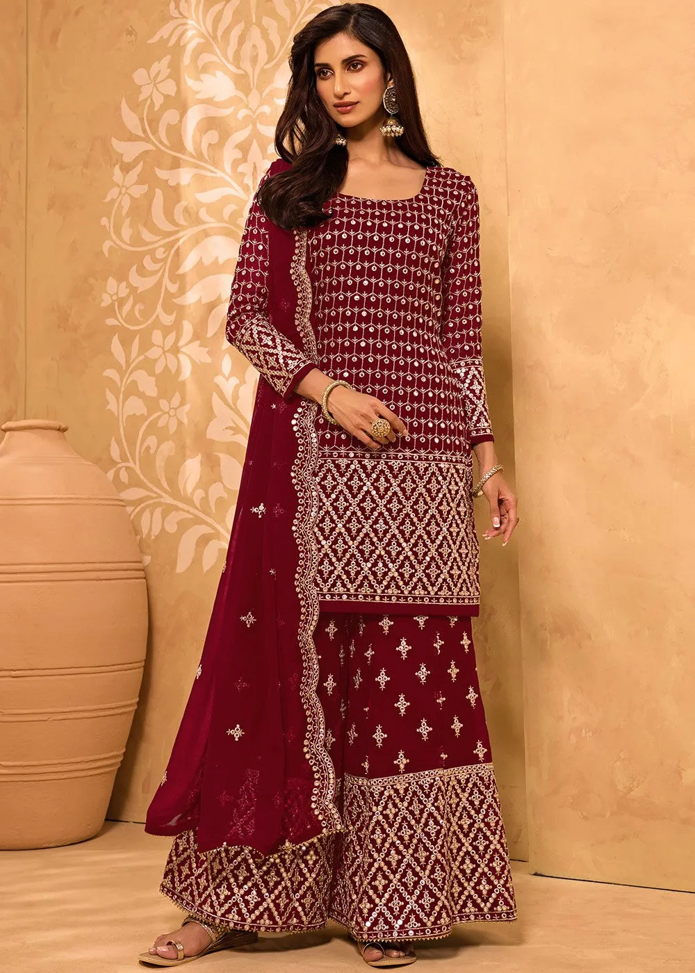 Trendy Maroon Party Style Designer Sharara Suit