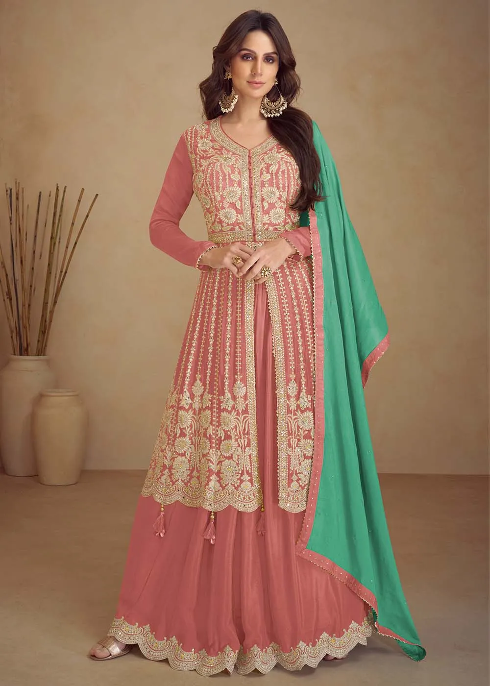 Trendy Peach Embroidered Anarkali Style Palazzo Suit