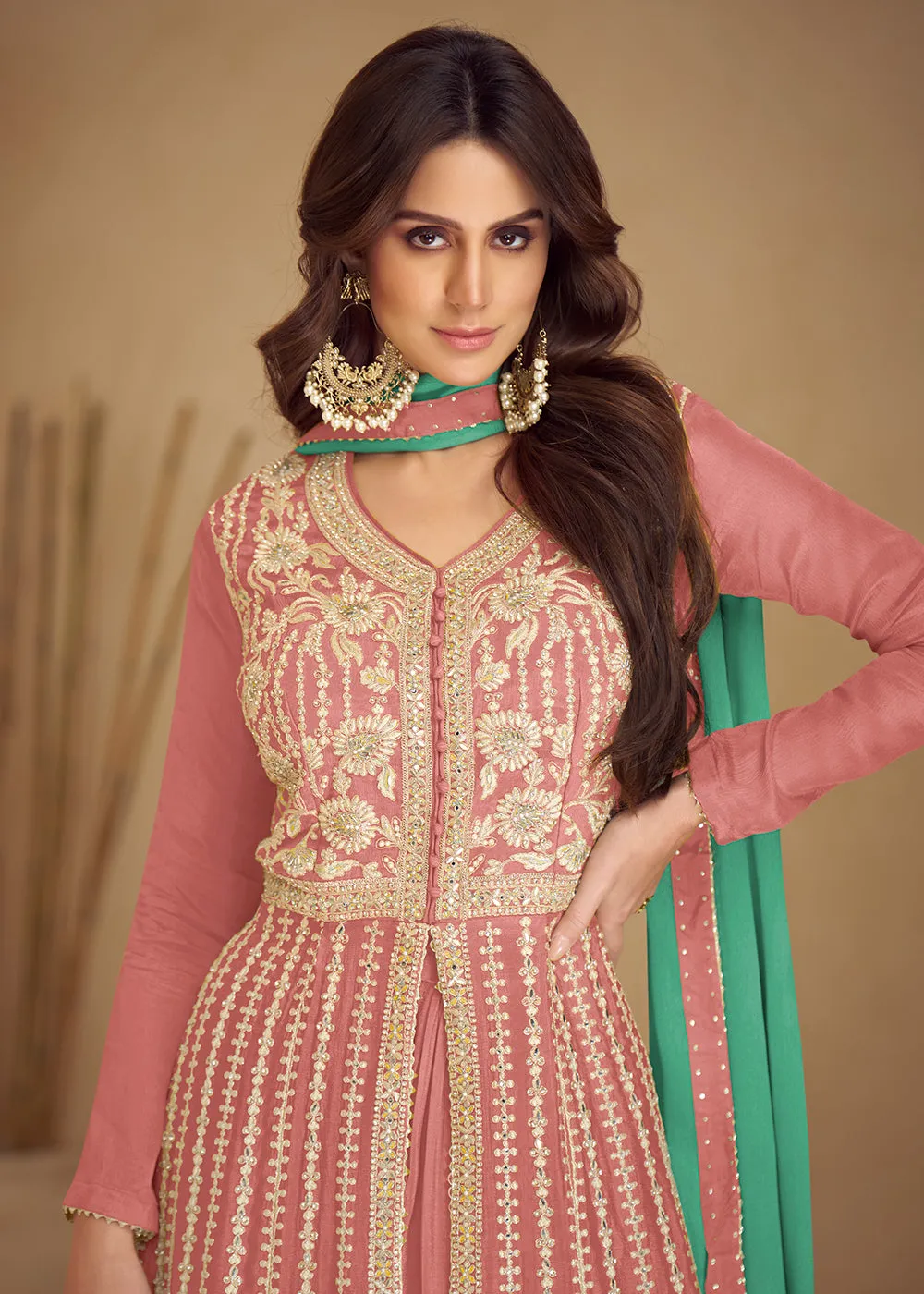 Trendy Peach Embroidered Anarkali Style Palazzo Suit