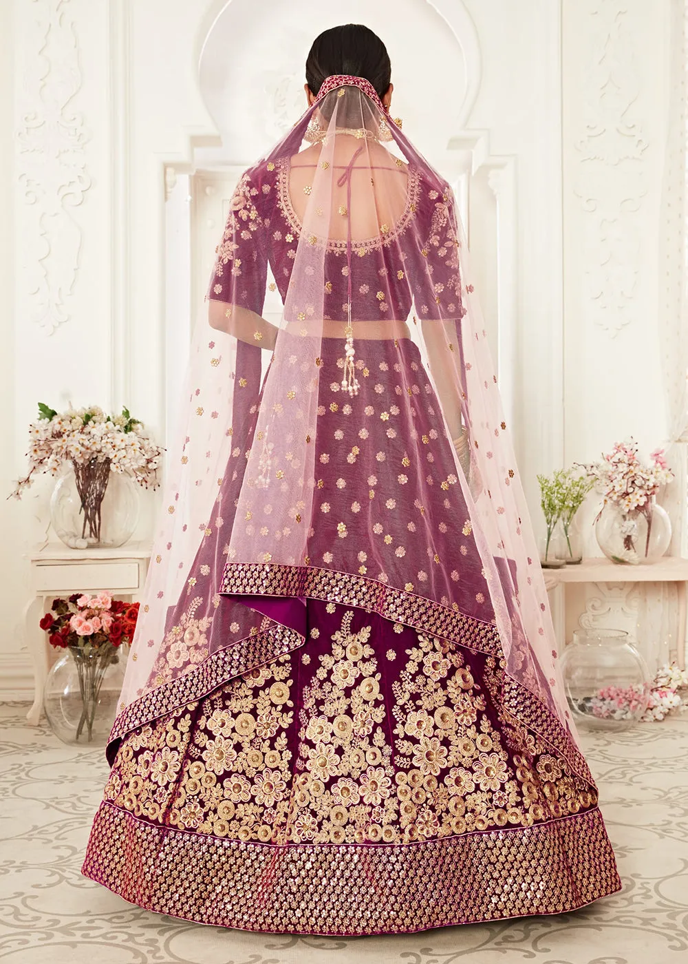 Trendy Purple Velvet Embroidered Wedding Lehenga Choli