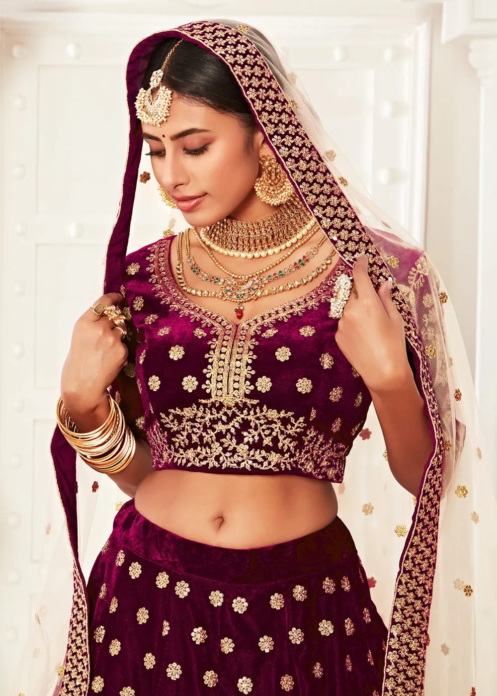 Trendy Purple Velvet Embroidered Wedding Lehenga Choli