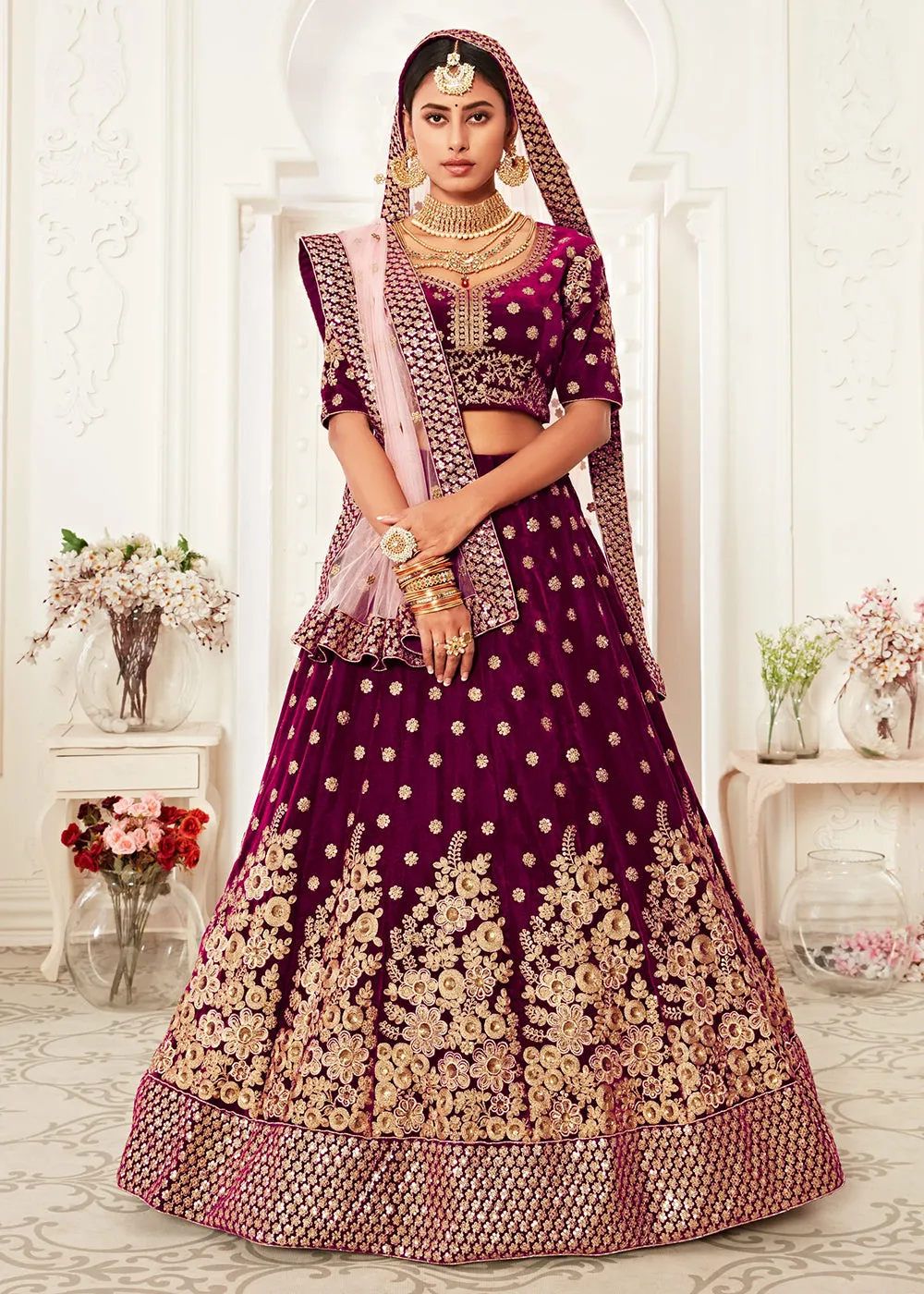 Trendy Purple Velvet Embroidered Wedding Lehenga Choli