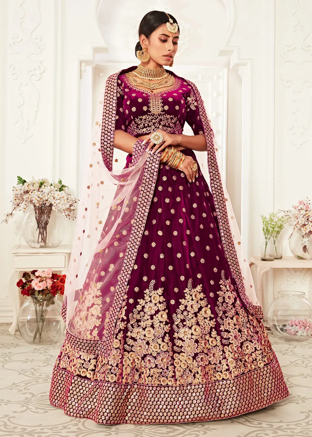 Trendy Purple Velvet Embroidered Wedding Lehenga Choli