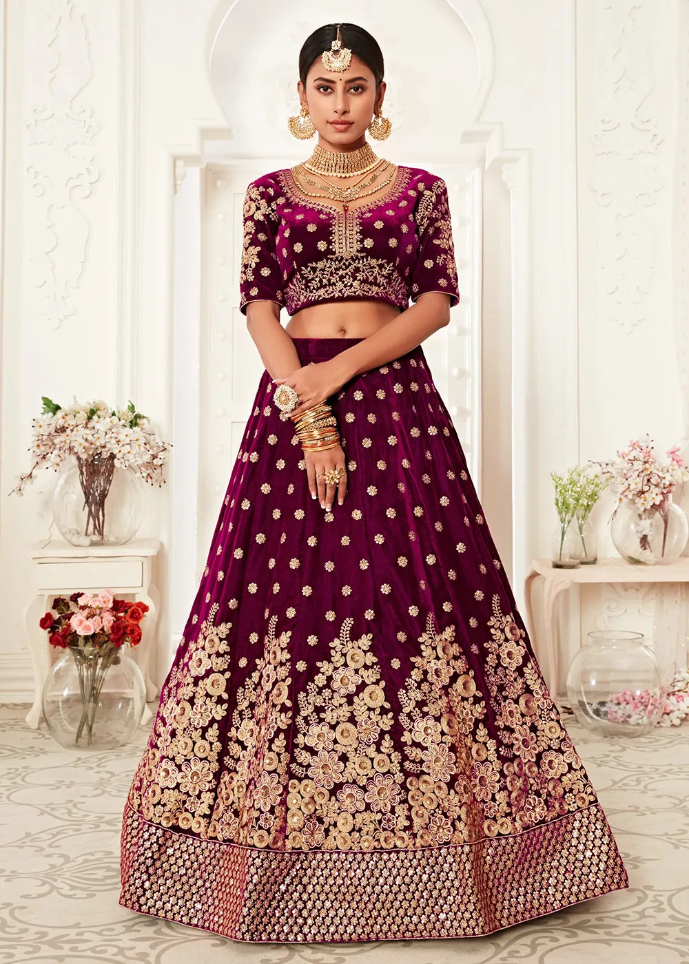 Trendy Purple Velvet Embroidered Wedding Lehenga Choli