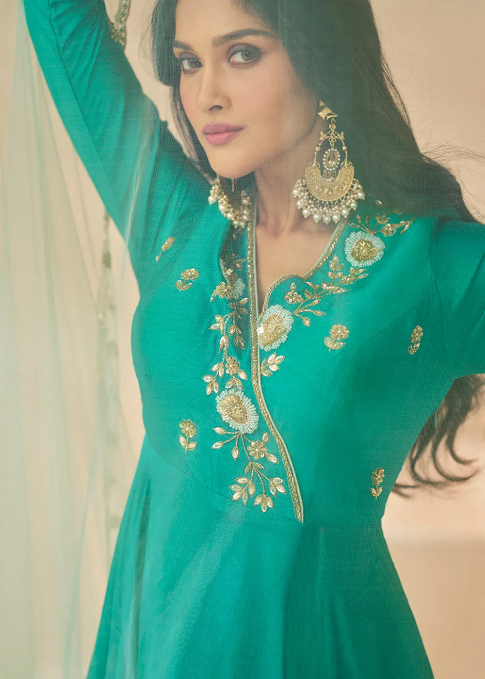 Trendy Rama Green Silk Embroidered Anarkali Gown