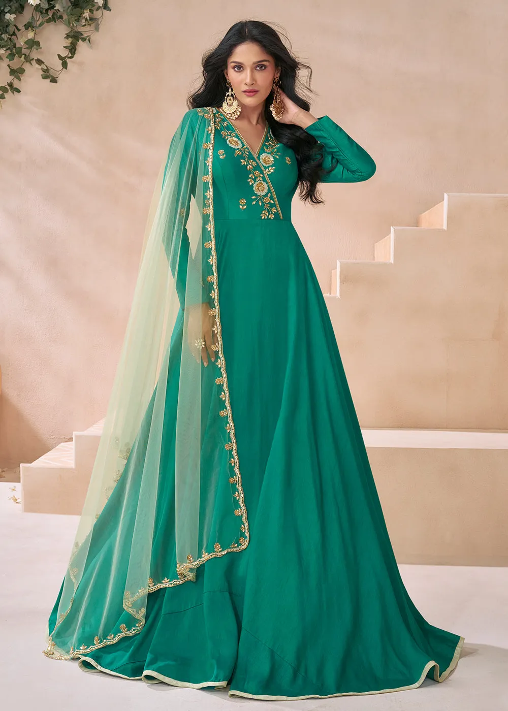 Trendy Rama Green Silk Embroidered Anarkali Gown