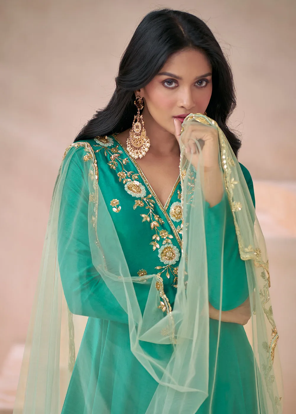 Trendy Rama Green Silk Embroidered Anarkali Gown