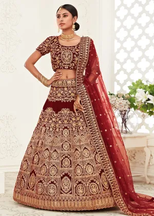 Trendy Red Velvet Embroidered Wedding Lehenga Choli