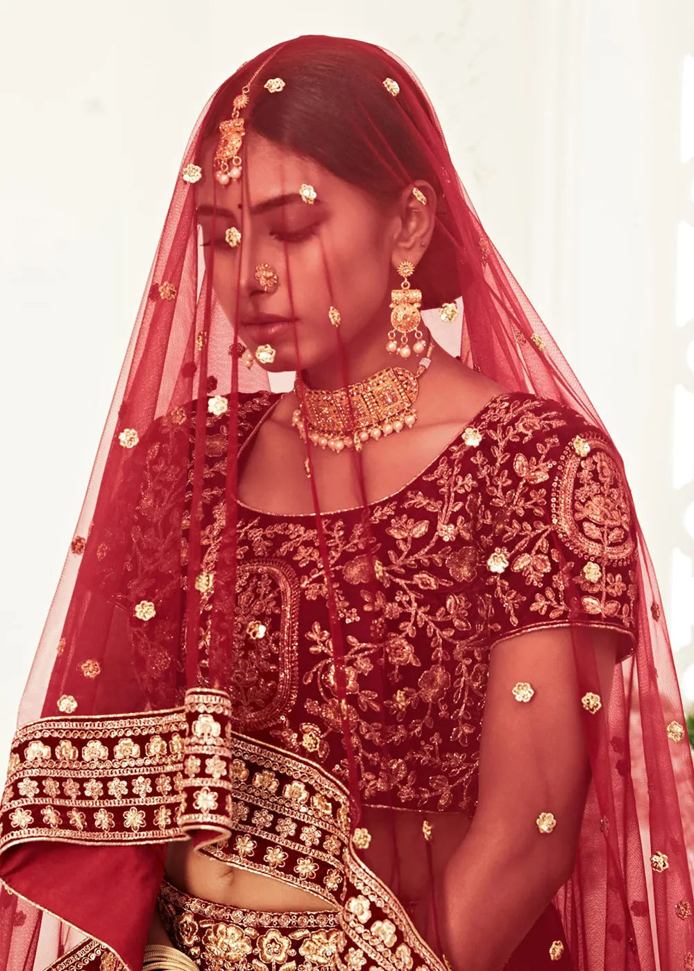 Trendy Red Velvet Embroidered Wedding Lehenga Choli