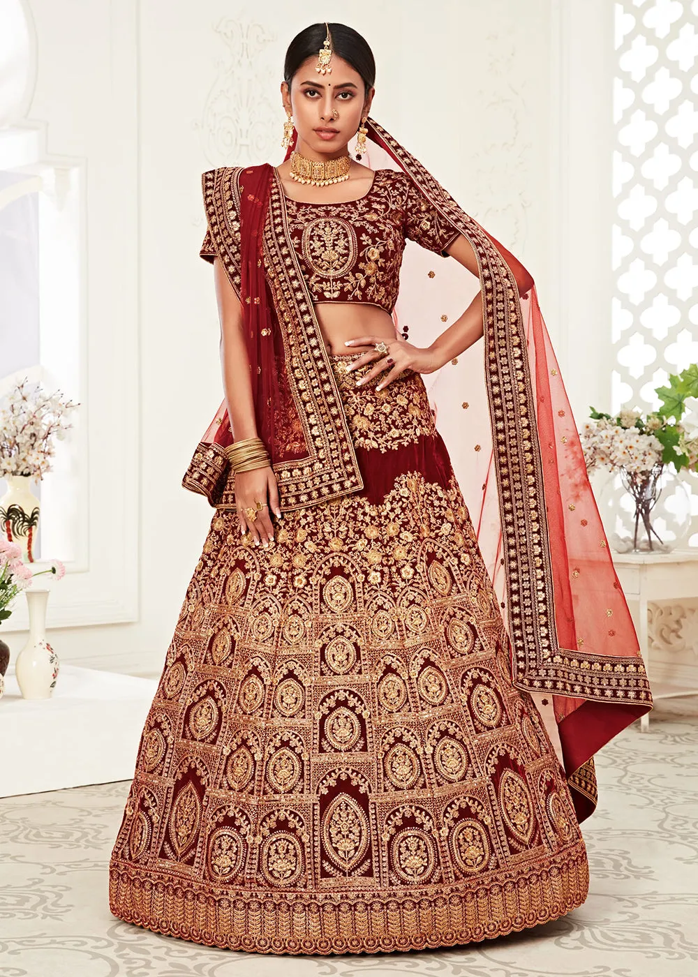 Trendy Red Velvet Embroidered Wedding Lehenga Choli