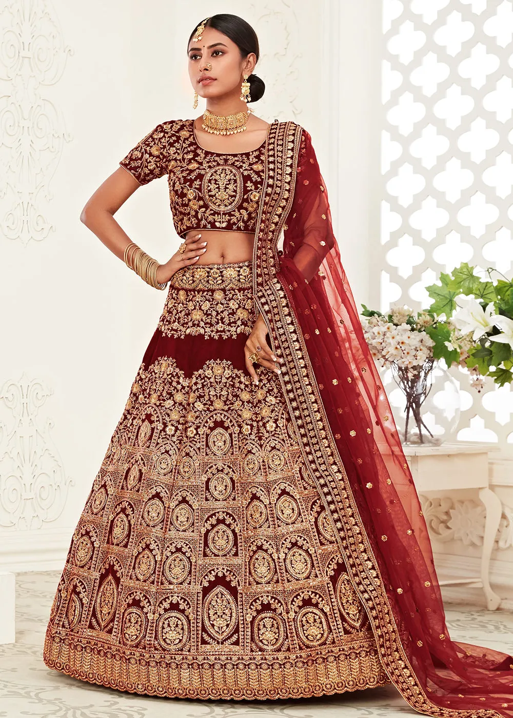 Trendy Red Velvet Embroidered Wedding Lehenga Choli