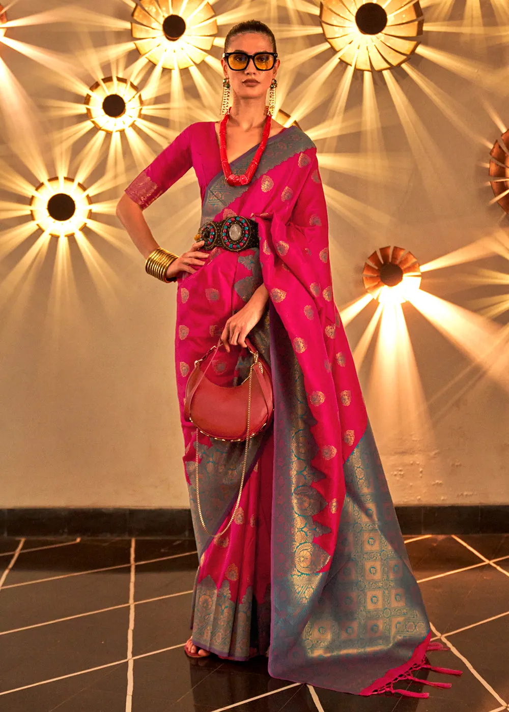 Trendy Weaving Silk Raspberry Pink Designer Saree