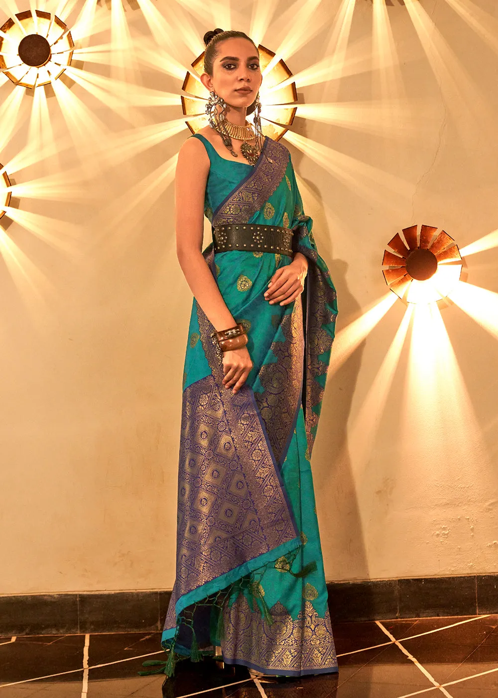 Trendy Weaving Silk Teal Green Designer Saree