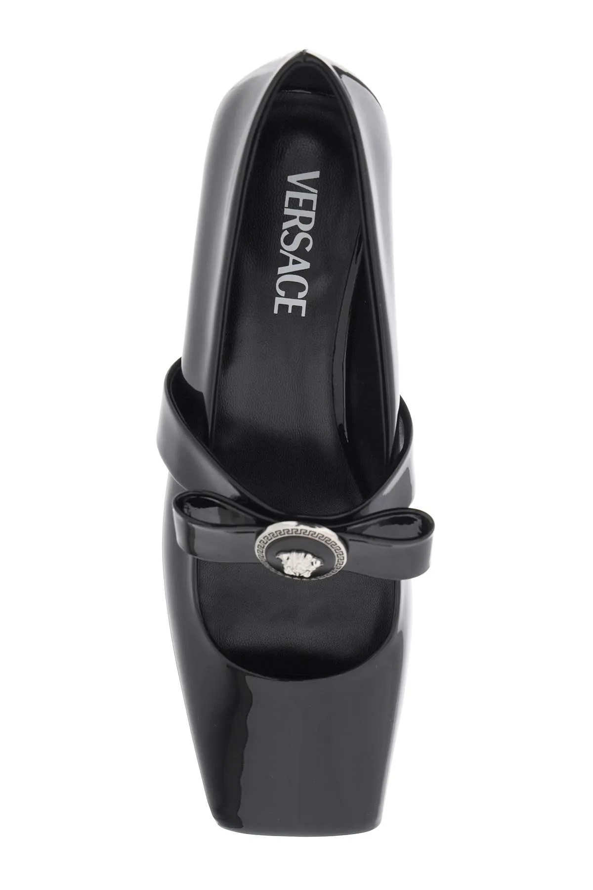 VERSACE open-toe ballet flats in gianni ribbon