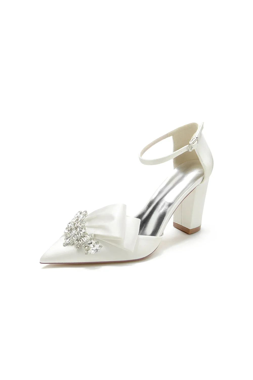 White Satin Heels Featuring a Large Decorative Bow and Metallic Heel