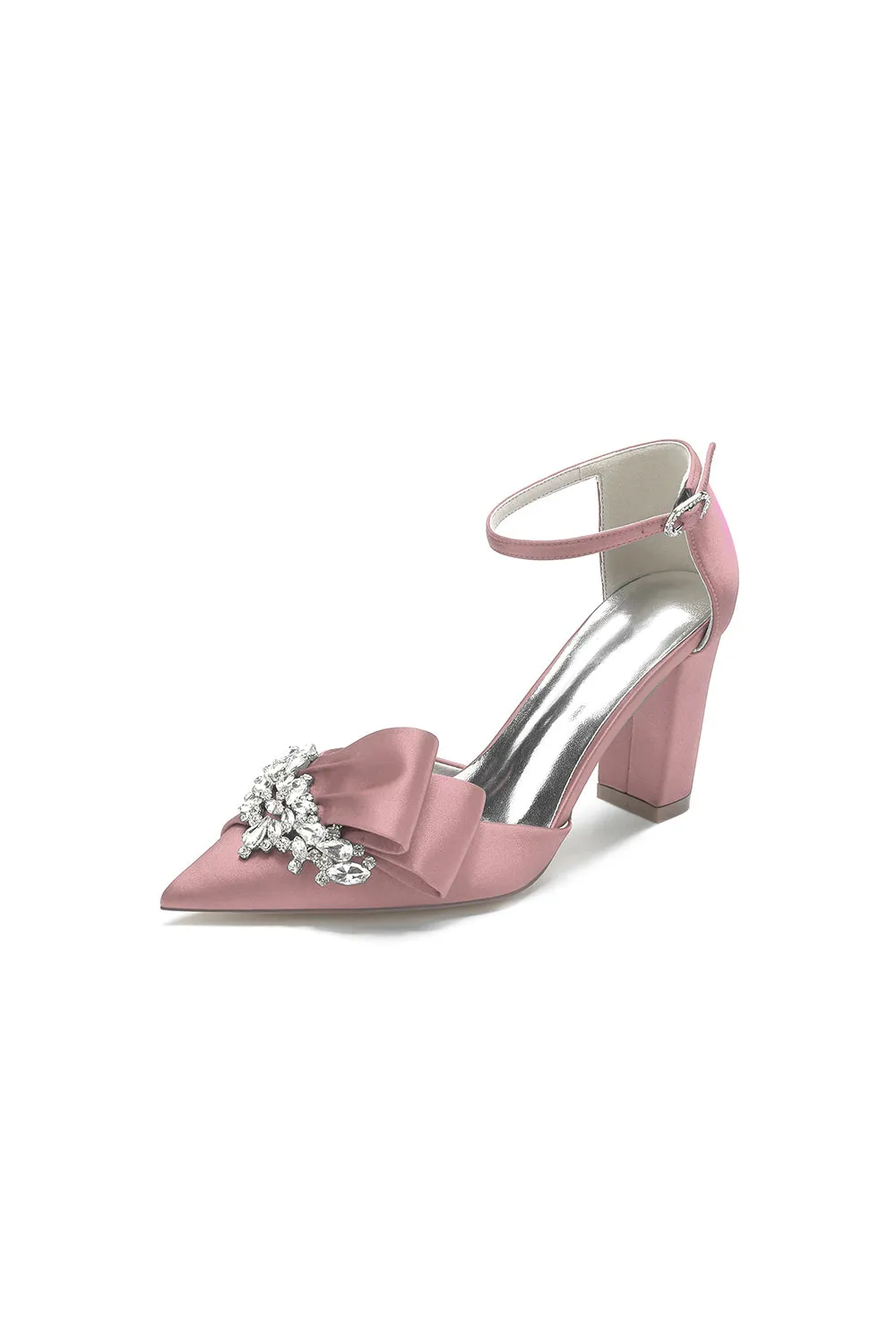 White Satin Heels Featuring a Large Decorative Bow and Metallic Heel