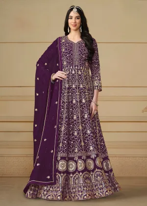 Wine Purple Embroidered Trendy Style Anarkali Suit