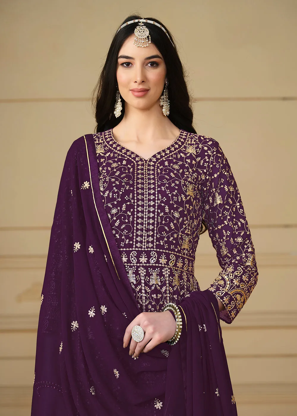 Wine Purple Embroidered Trendy Style Anarkali Suit