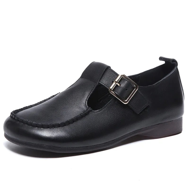 Women's Genuine Leather Flats Retro T Strap Mary Janes Shos