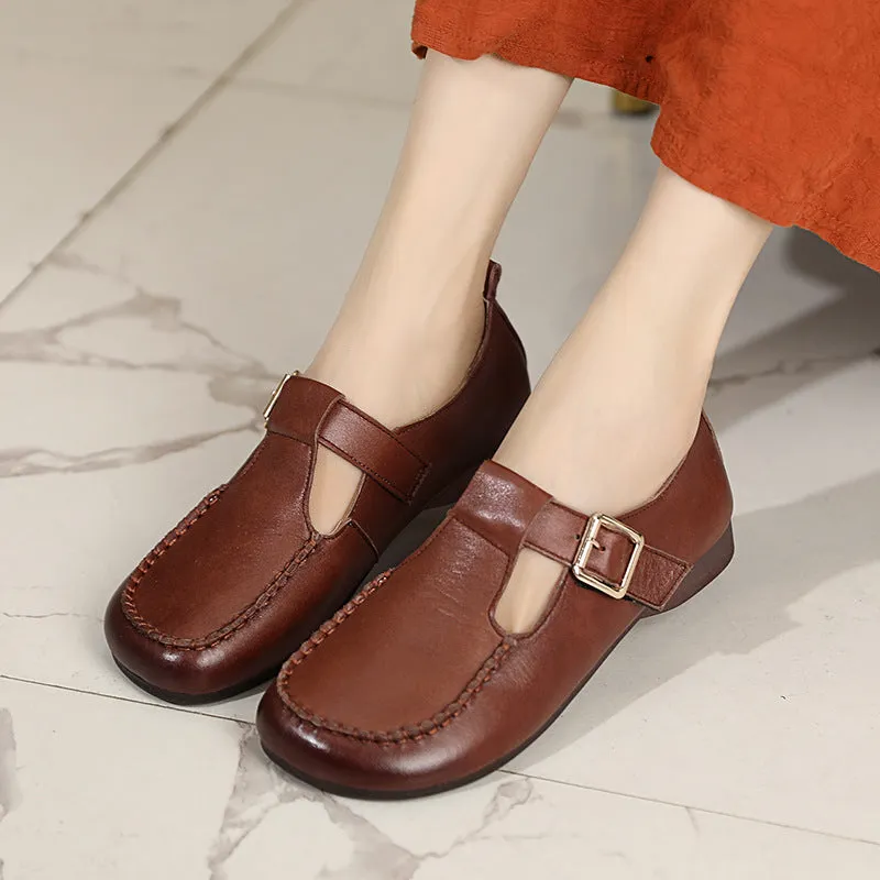 Women's Genuine Leather Flats Retro T Strap Mary Janes Shos