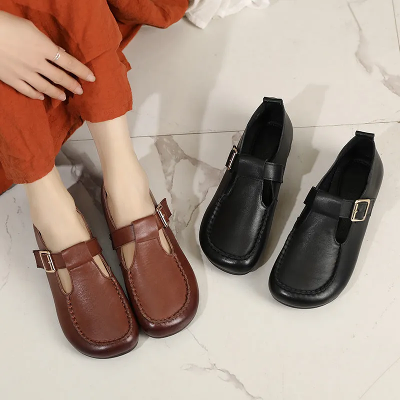 Women's Genuine Leather Flats Retro T Strap Mary Janes Shos