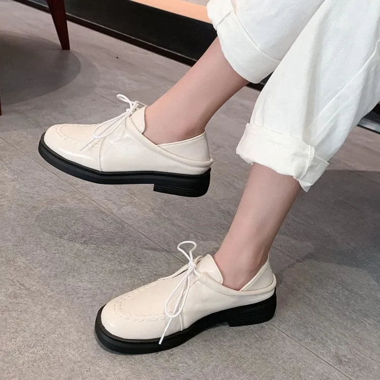 Women's Solid Color Lace Up Stitching Slip on Flats Platform Shoes